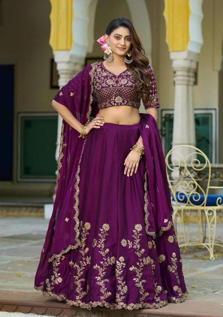 Wine Embroidered Silk Blend Lehenga Set - Indya