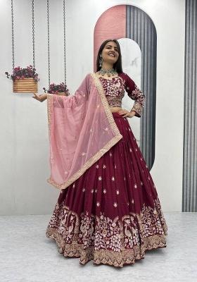 Maroon Embroidered Silk Blend Lehenga Set