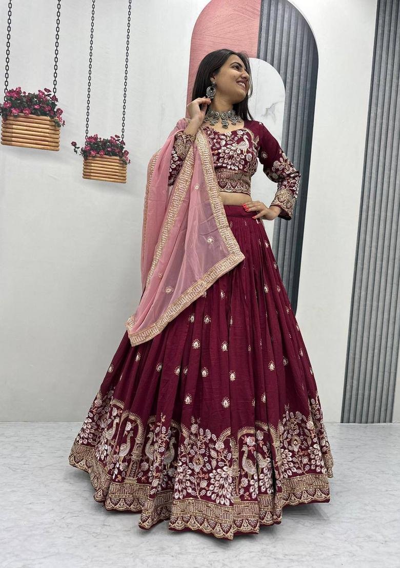Maroon Embroidered Silk Blend Lehenga Set - Indya