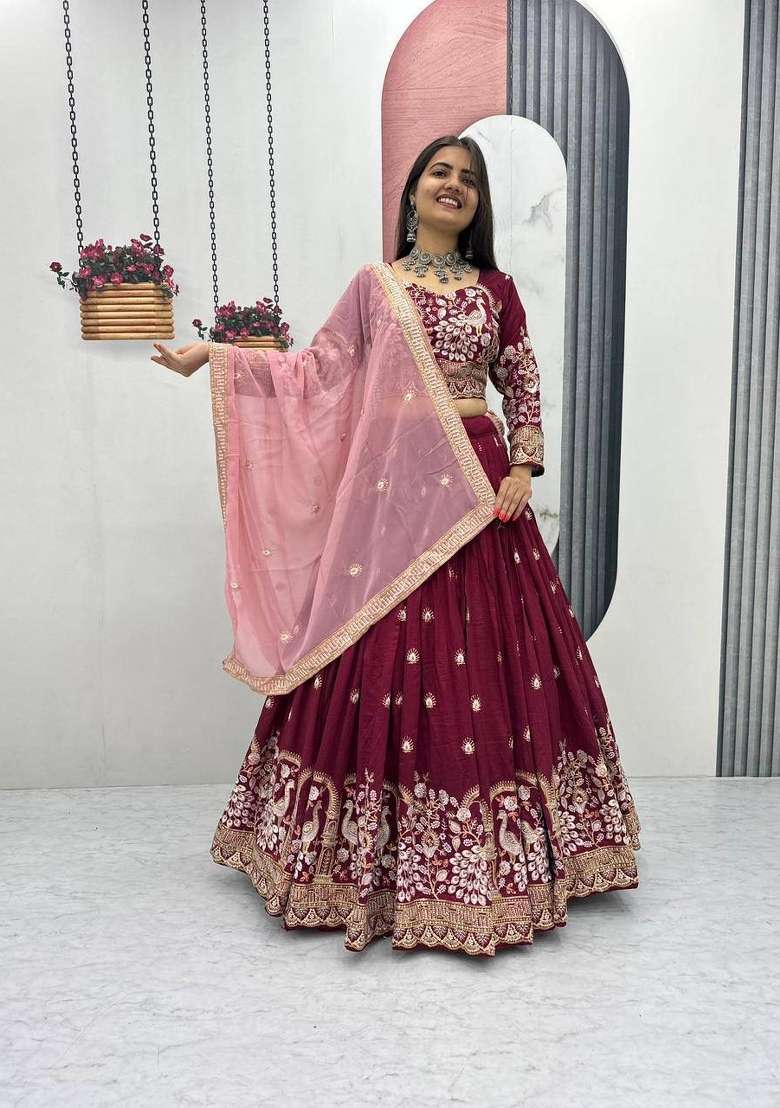 Maroon Silk Blend Lehenga Set with Embroidered for Diwali | Wedding & Festive Wear - Indya