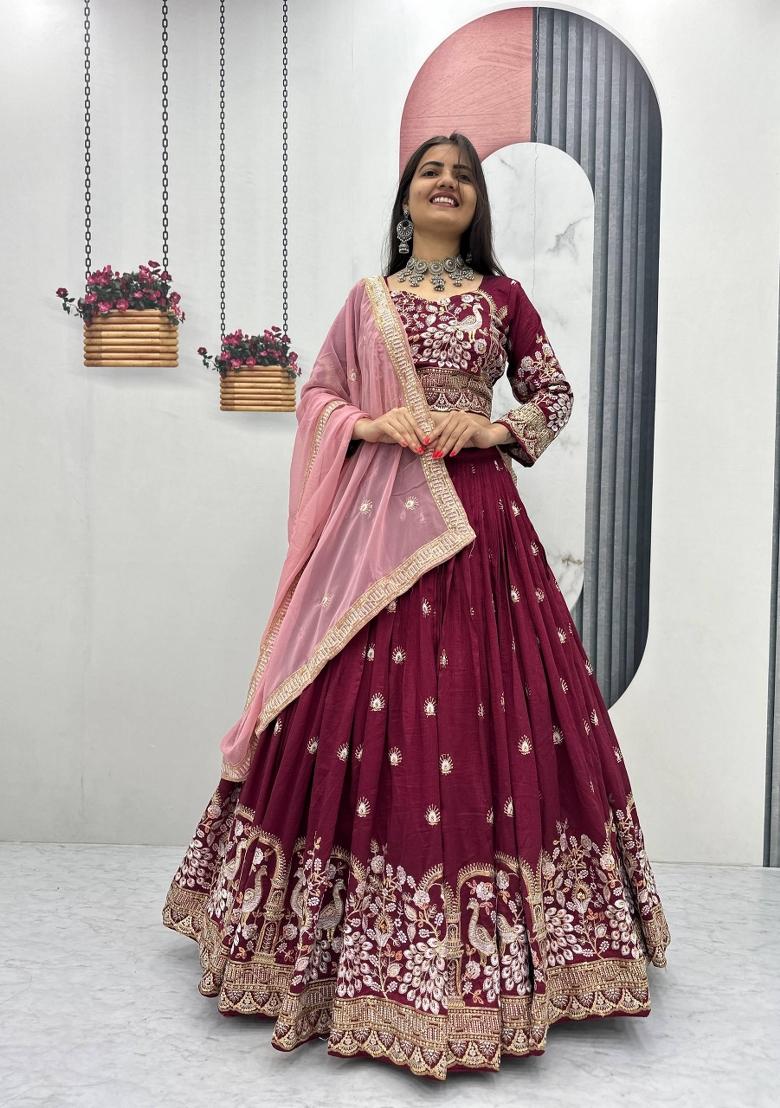 Maroon Embroidered Silk Blend Lehenga Set - Indya