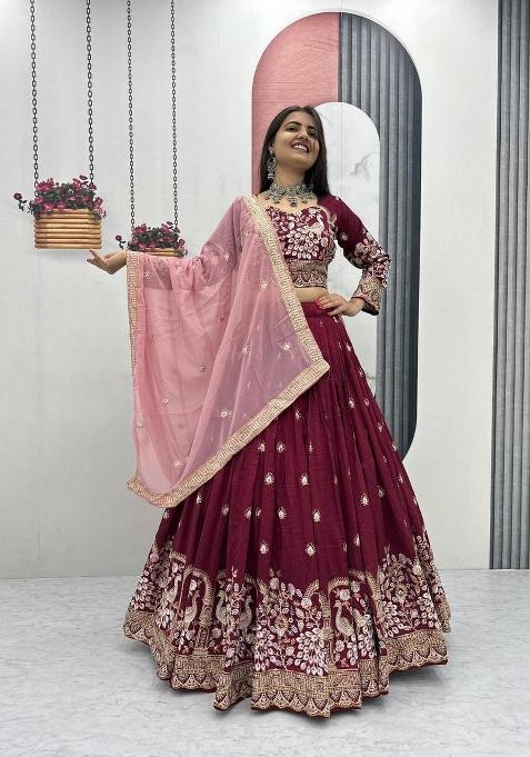Maroon Embroidered Silk Blend Lehenga Set