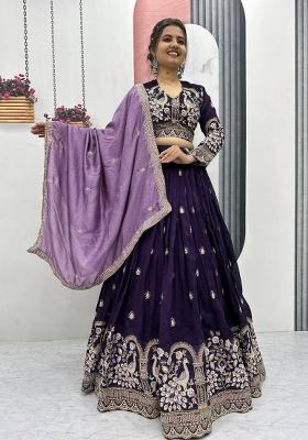 Violet Embroidered Silk Blend Lehenga Set