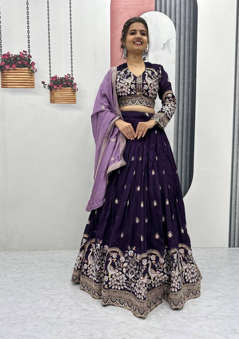 Violet Embroidered Silk Blend Lehenga Set - Indya