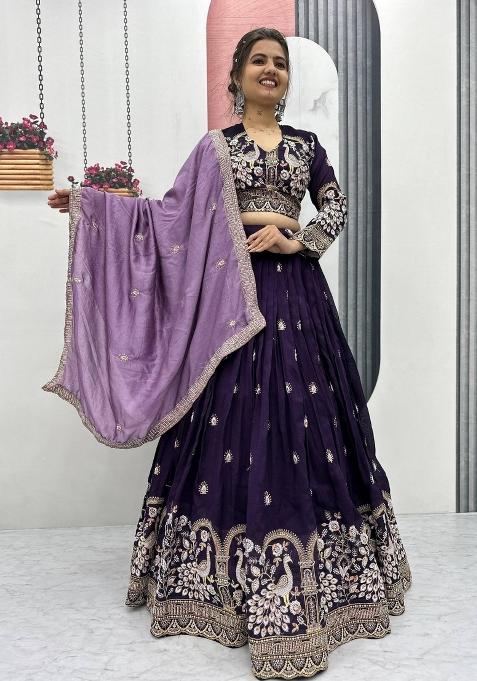 Violet Embroidered Silk Blend Lehenga Set