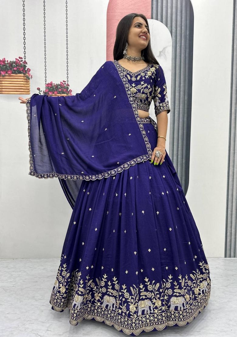 Royal Blue Embroidered Chinon Lehenga Set - Indya