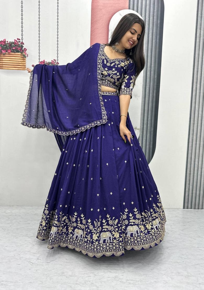 Royal Blue Embroidered Chinon Lehenga Set - Indya