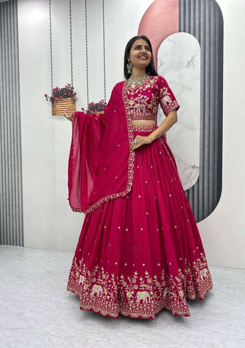Pink Chinon Lehenga Set with Embroidered for Diwali | Wedding & Festive Wear - Indya