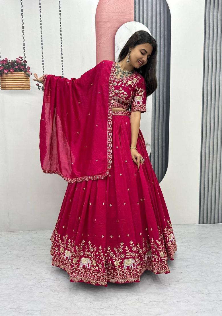Pink Embroidered Chinon Lehenga Set - Indya