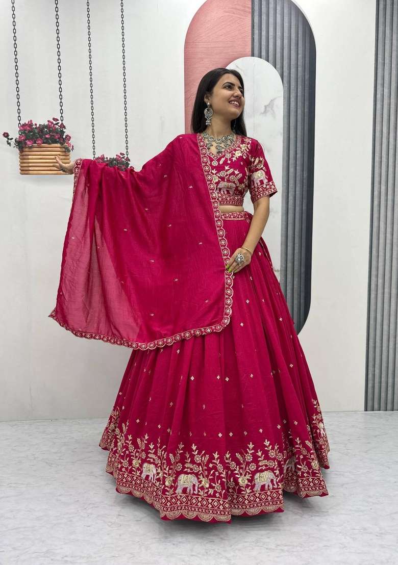 Pink Chinon Lehenga Set with Embroidered for Diwali | Wedding & Festive Wear - Indya