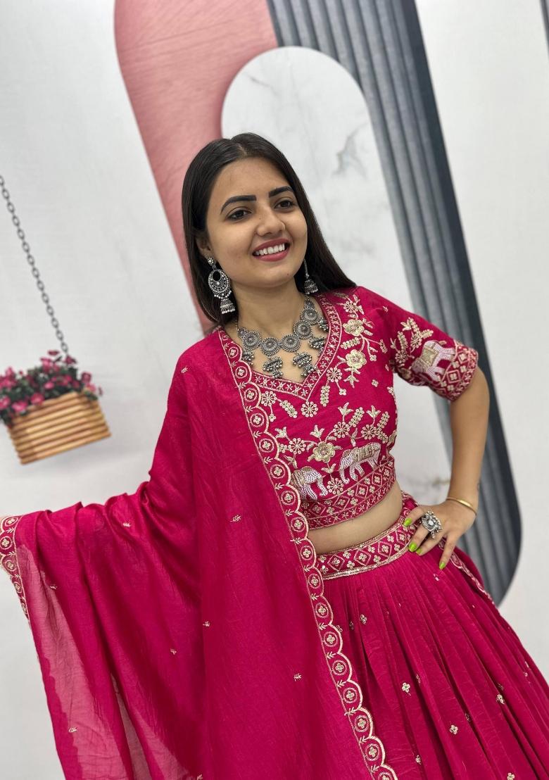 Pink Embroidered Chinon Lehenga Set - Indya