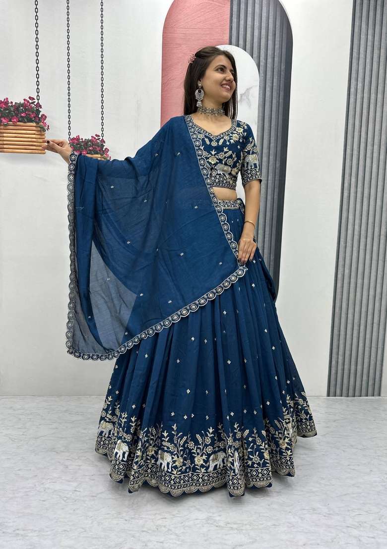Rama Embroidered Chinon Lehenga Set - Indya