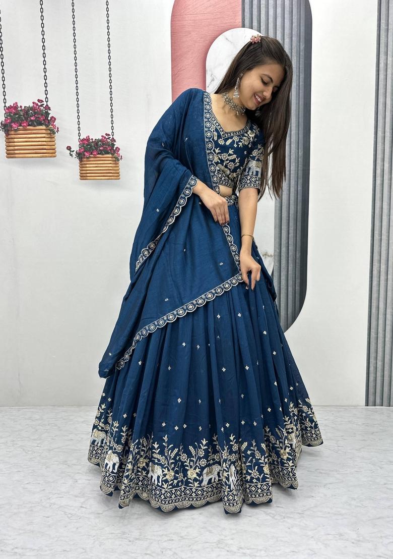 Rama Embroidered Chinon Lehenga Set - Indya