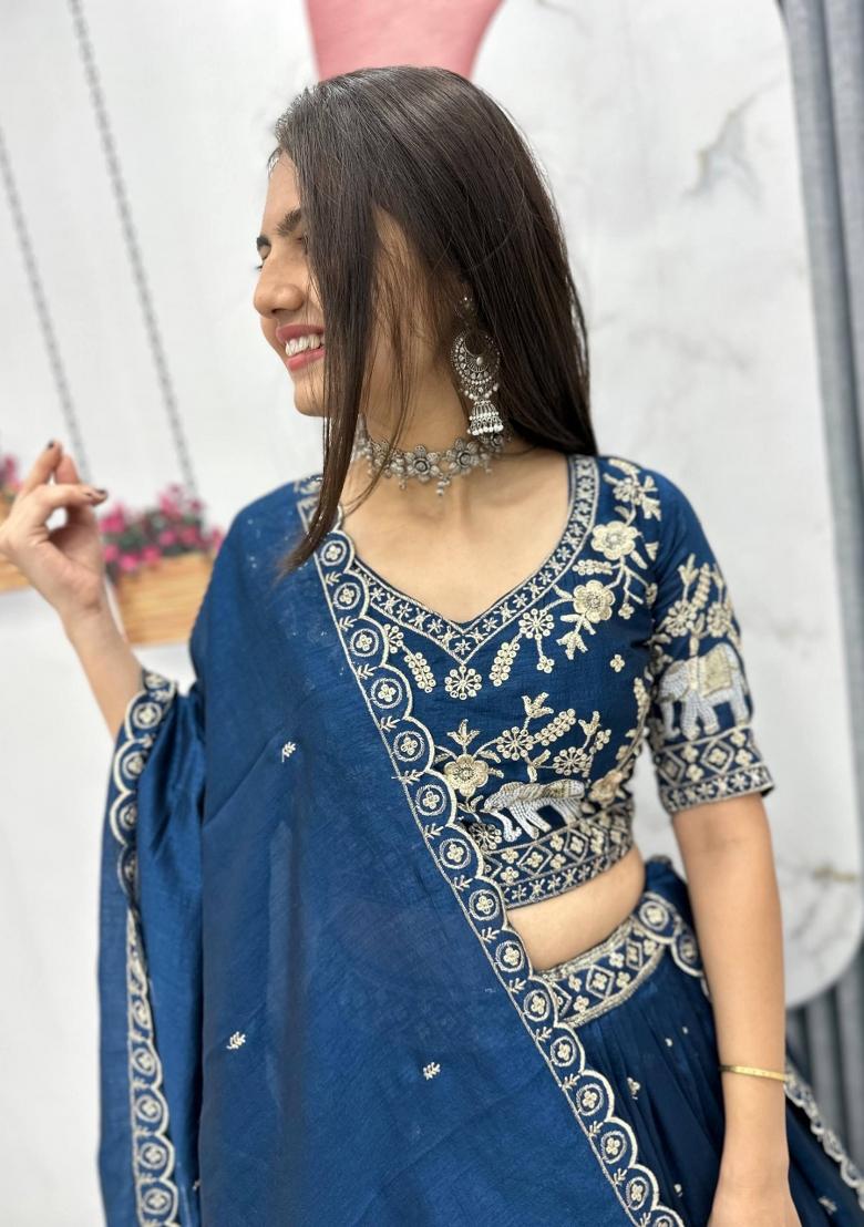 Rama Embroidered Chinon Lehenga Set - Indya