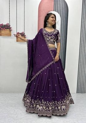 Wine Embroidered Chinon Lehenga Set