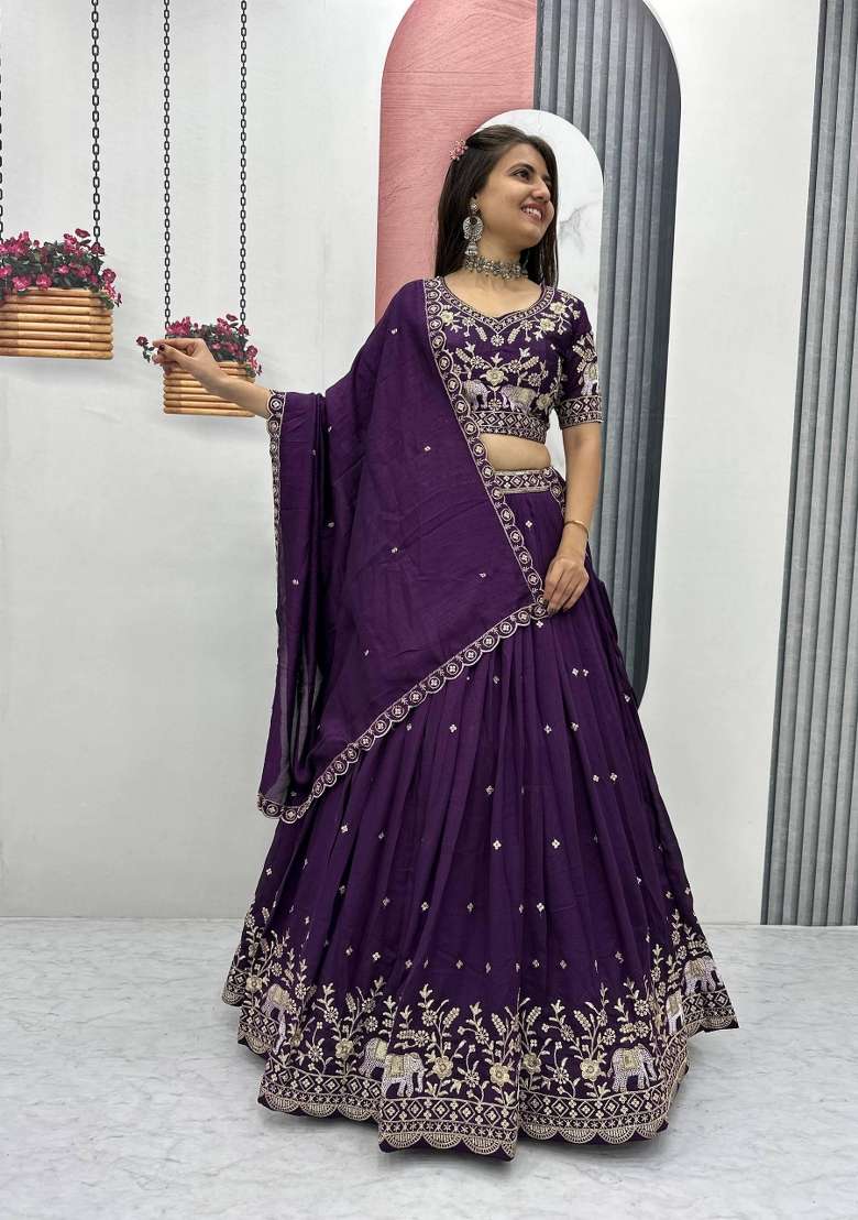 Wine Chinon Lehenga Set with Embroidered for Diwali | Wedding & Festive Wear - Indya