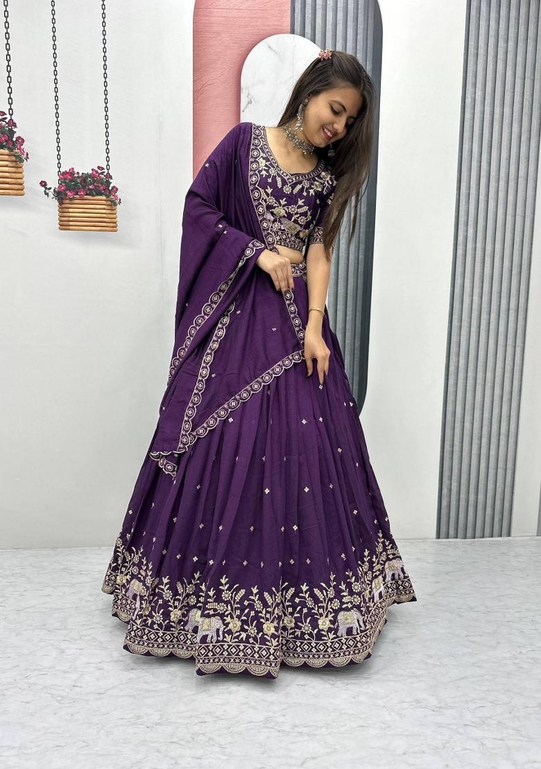 Wine Embroidered Chinon Lehenga Set - Indya