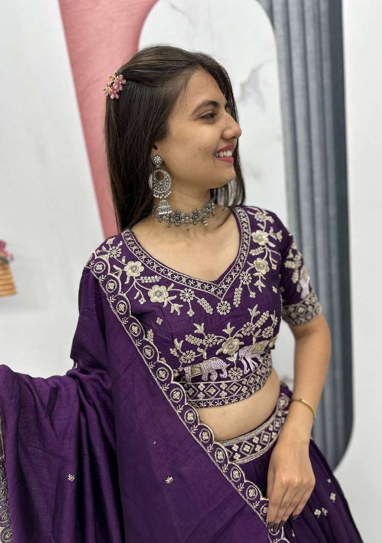 Wine Chinon Lehenga Set with Embroidered for Diwali | Wedding & Festive Wear - Indya