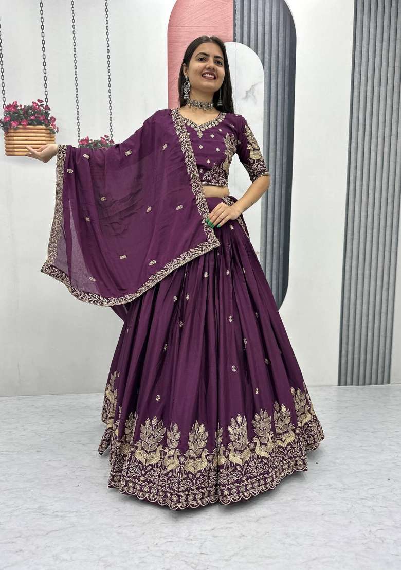 Wine Embroidered Chinon Lehenga Set for Diwali and Festive Wear - Indya
