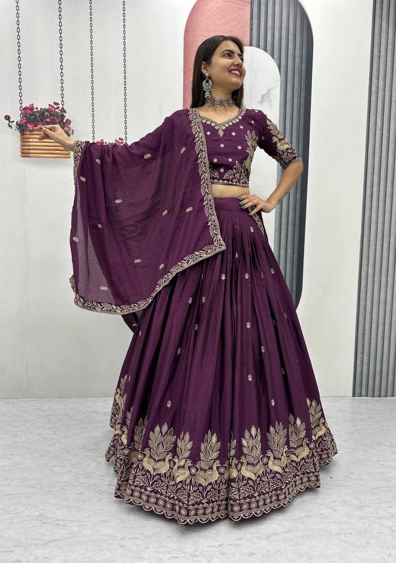 Wine Embroidered Chinon Lehenga Set - Indya