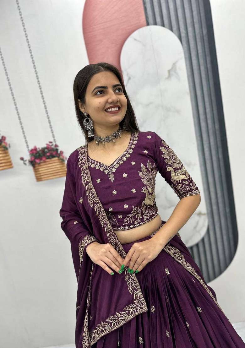 Wine Embroidered Chinon Lehenga Set for Diwali and Festive Wear - Indya