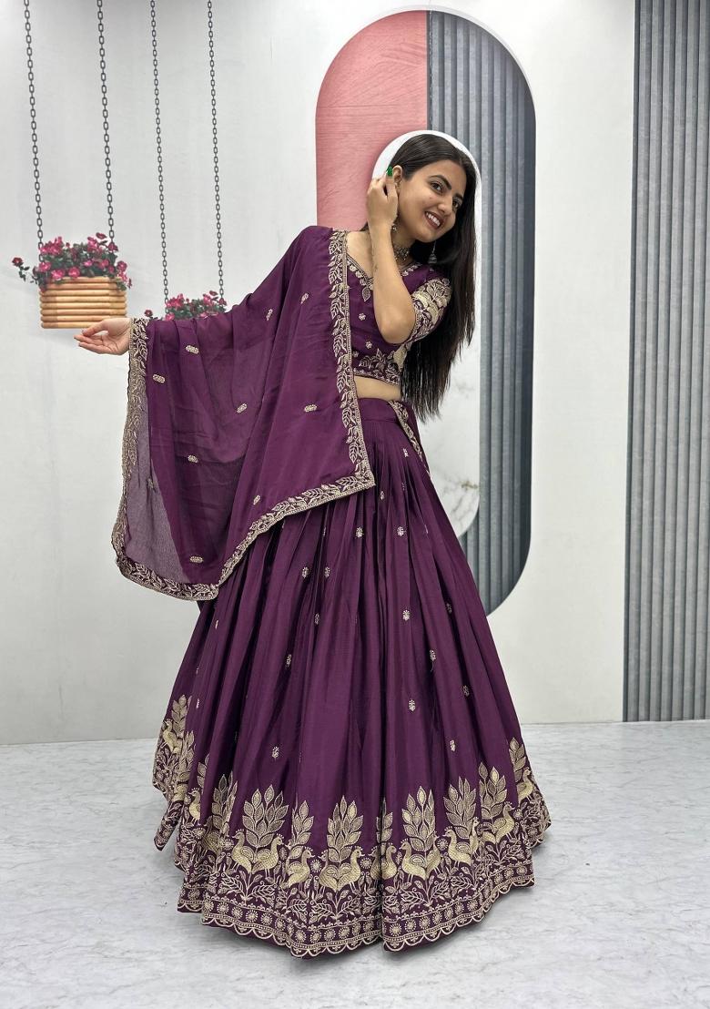Wine Embroidered Chinon Lehenga Set - Indya