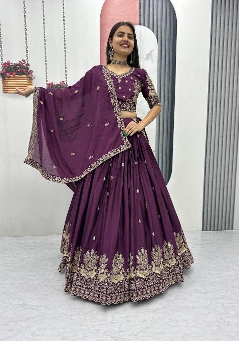 Wine Embroidered Chinon Lehenga Set