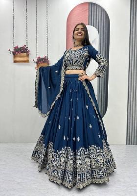 Blue Embroidered Silk Blend Lehenga Set