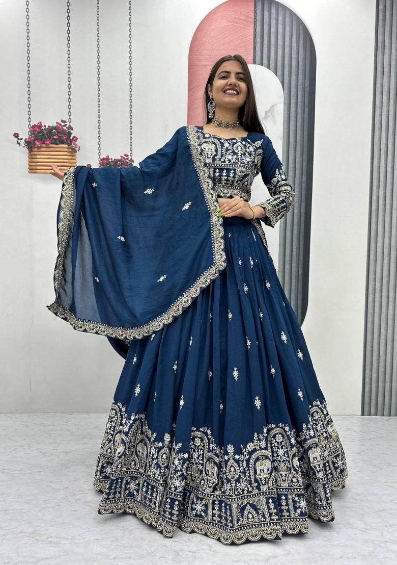 Blue Embroidered Silk Blend Lehenga Set - Indya