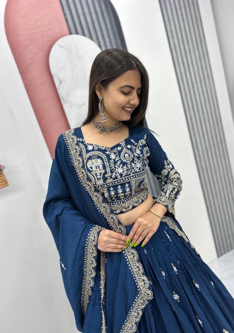 Blue Embroidered Silk Blend Lehenga Set - Indya