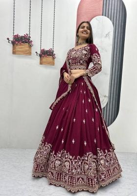 Magenta Embroidered Silk Blend Lehenga Set