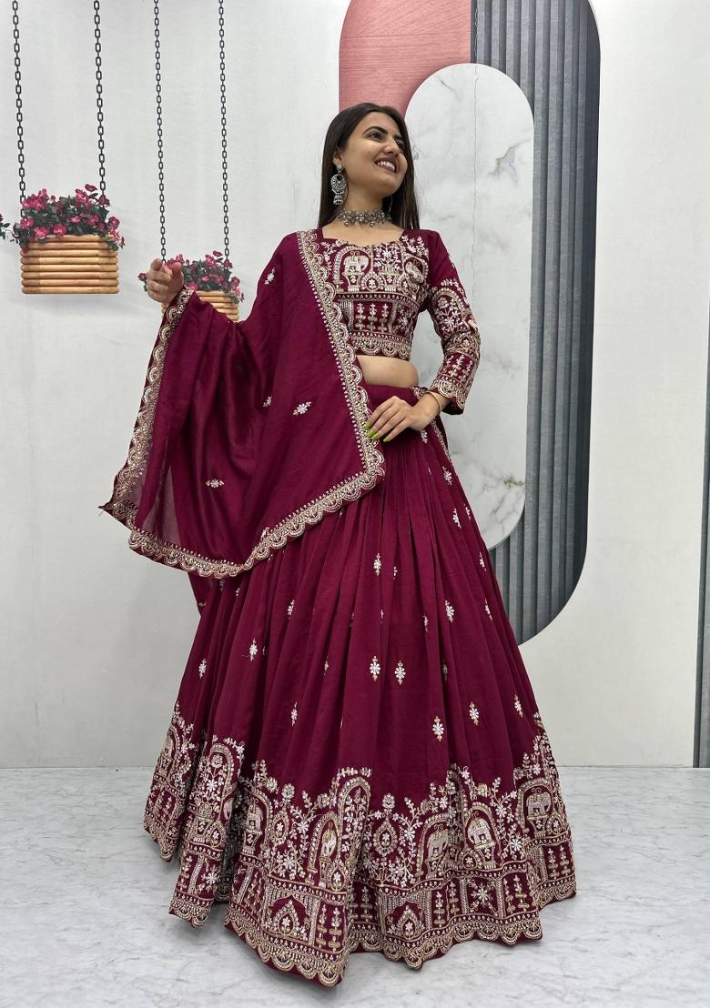 Magenta Embroidered Silk Blend Lehenga Set - Indya
