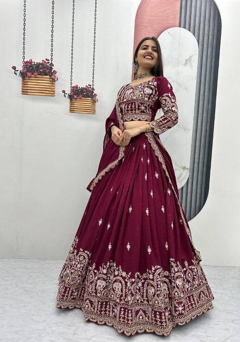 Magenta Embroidered Silk Blend Lehenga Set