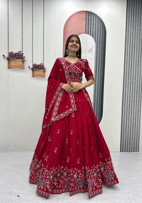 Red Embroidered Silk Blend Lehenga Set