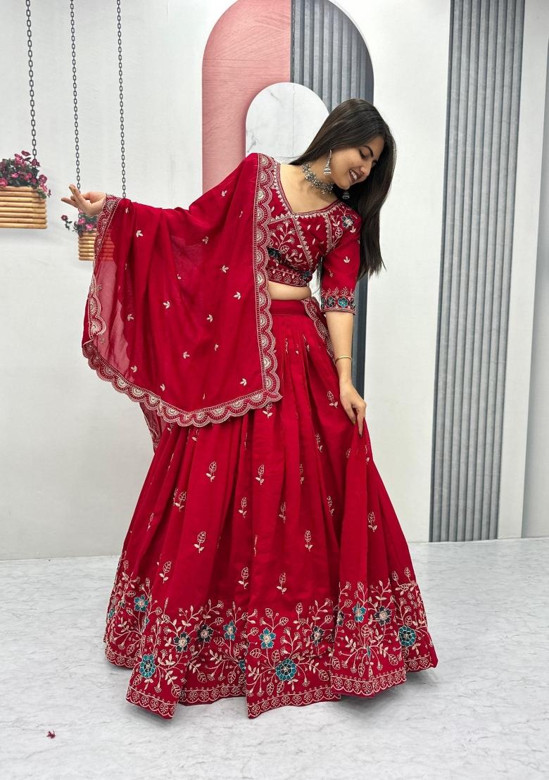 Red Embroidered Silk Blend Lehenga Set - Indya
