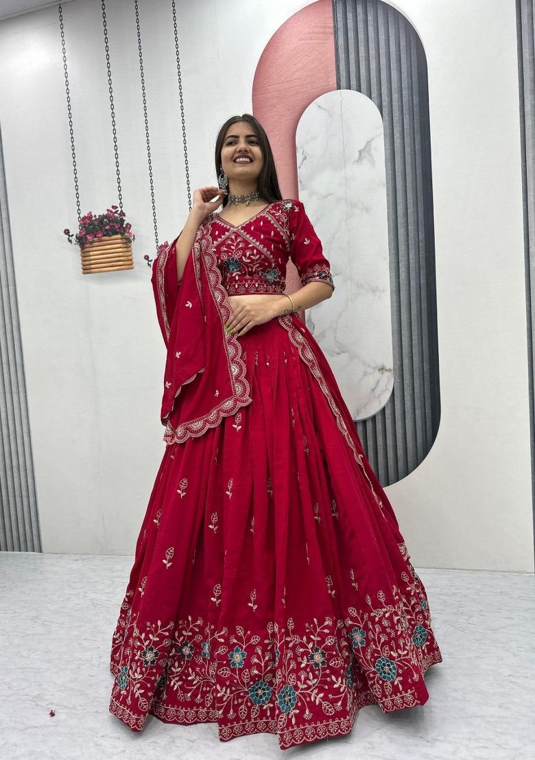 Red Embroidered Silk Blend Lehenga Set - Indya