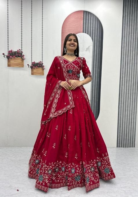 Red Embroidered Silk Blend Lehenga Set