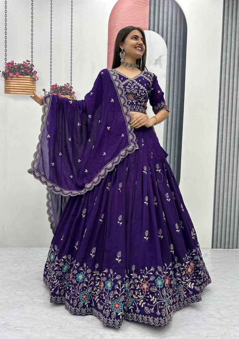 Violet Embroidered Silk Blend Lehenga Set - Indya