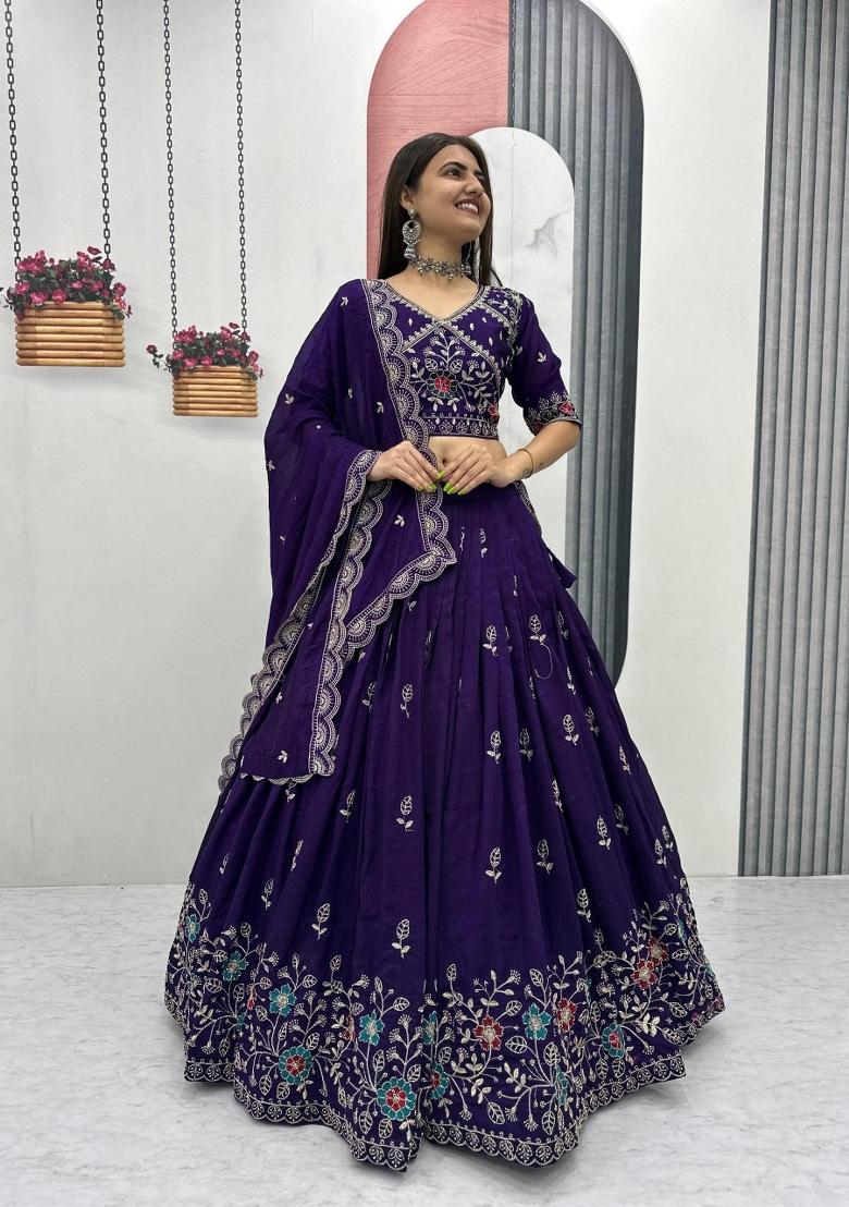 Violet Embroidered Silk Blend Lehenga Set - Indya