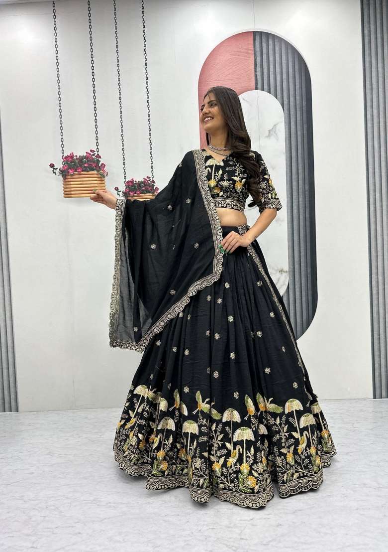 Black Silk Blend Lehenga Set with Embroidered for Diwali | Wedding & Festive Wear - Indya