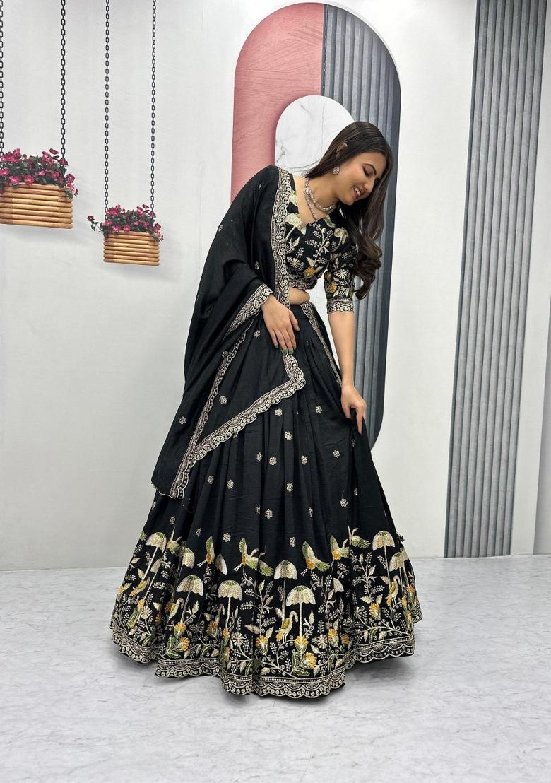 Black Embroidered Silk Blend Lehenga Set - Indya