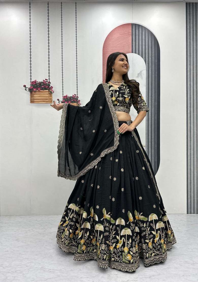 Black Silk Blend Lehenga Set with Embroidered for Diwali | Wedding & Festive Wear - Indya
