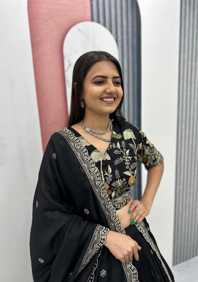 Black Embroidered Silk Blend Lehenga Set - Indya
