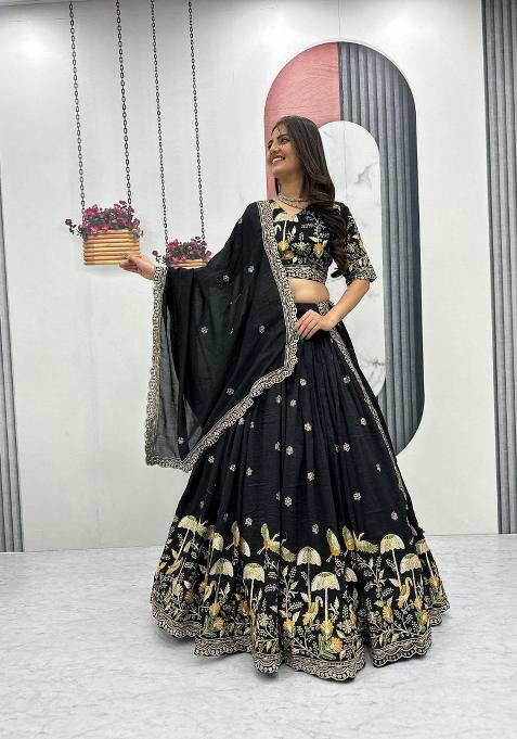 Black Embroidered Silk Blend Lehenga Set