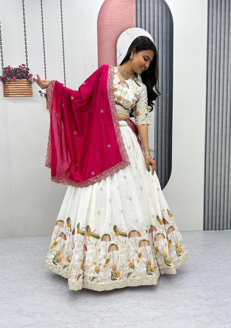 White Embroidered Silk Blend Lehenga Set - Indya