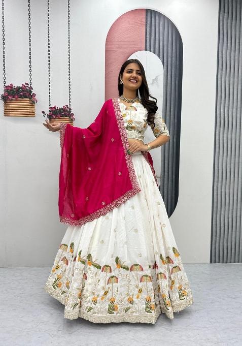 White Embroidered Silk Blend Lehenga Set