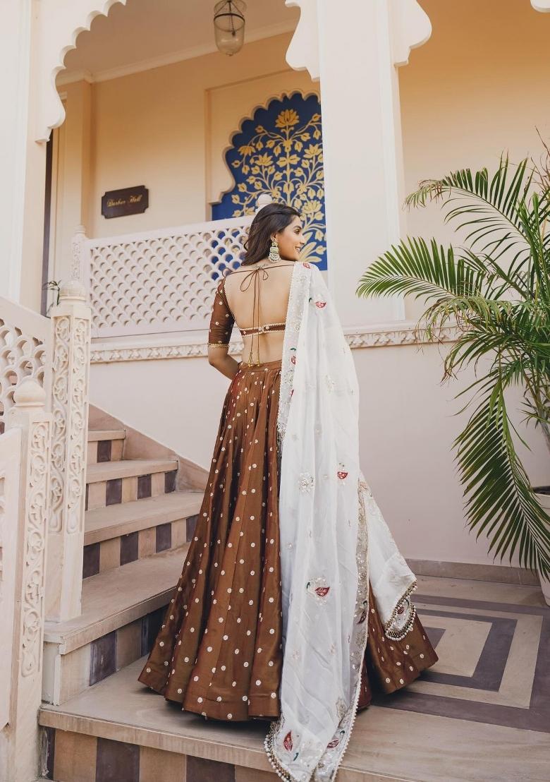 Brown Embroidered Silk Blend Lehenga Set - Indya