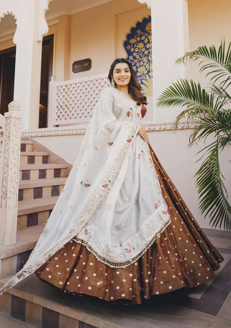 Brown Silk Blend Lehenga Set with Embroidered for Diwali | Wedding & Festive Wear - Indya