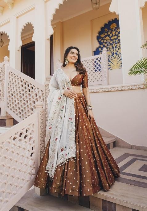 Brown Embroidered Silk Blend Lehenga Set