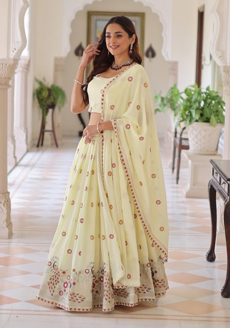 White Embroidered Silk Blend Lehenga Set - Indya